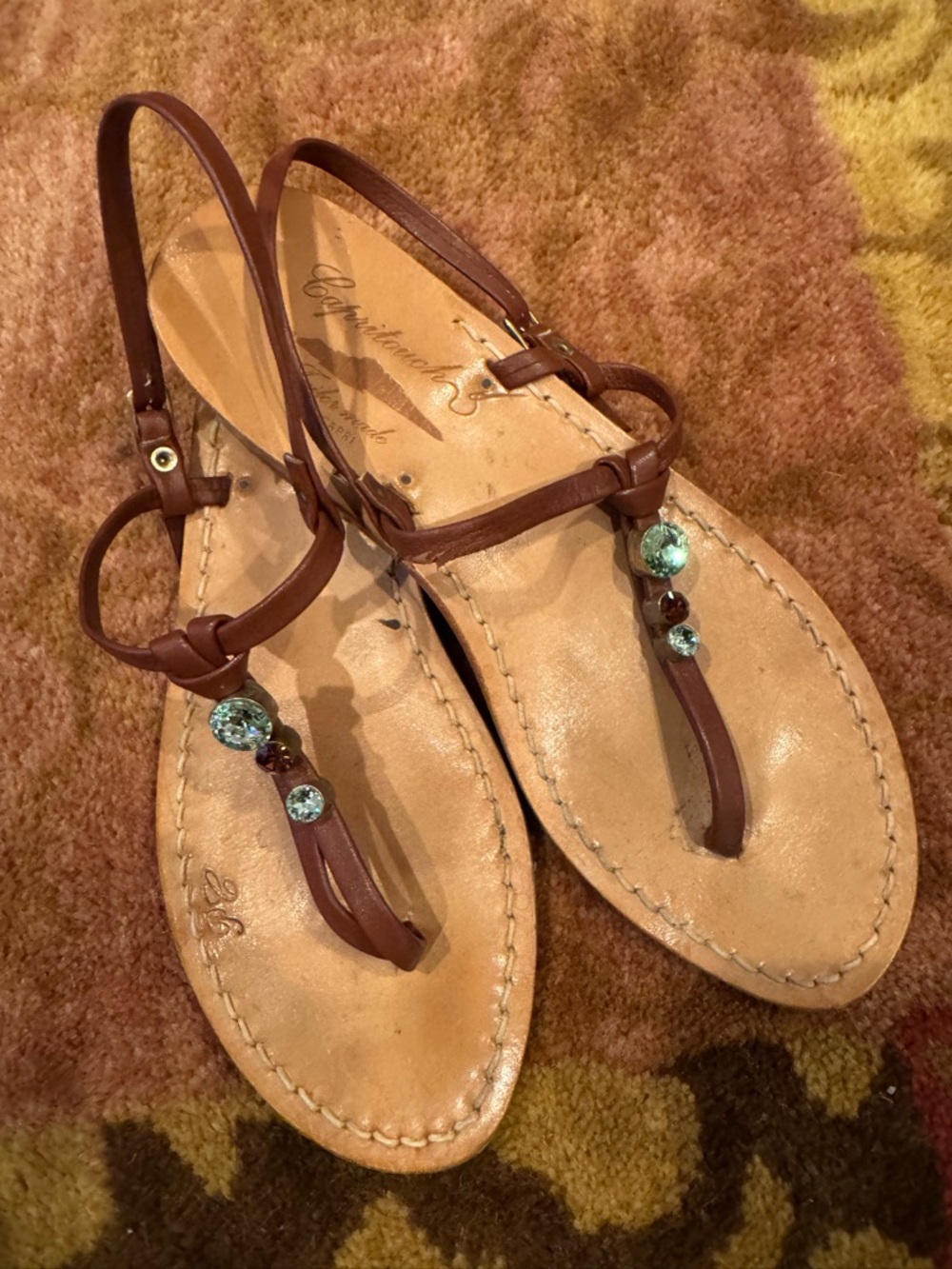 Capritouch handmade Brown Leather T-Strap Sandals with Gem Accents Sz 9